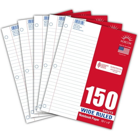 Norcom 5-Pack Filler Paper, 150 Sheets, Wide Ruled, 10.5