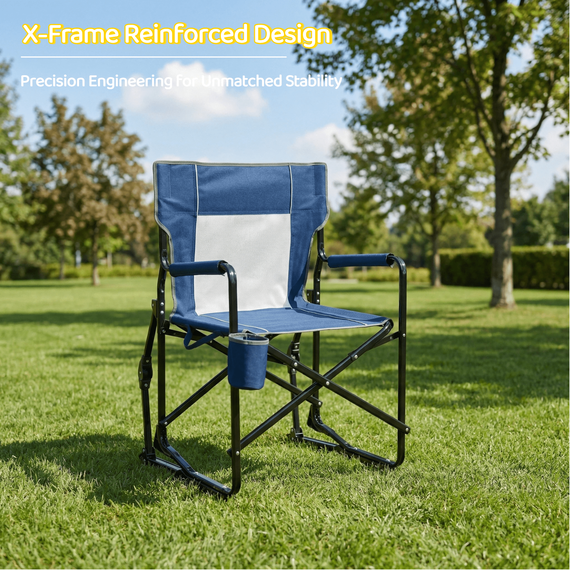 Blazezo Portable Folding Rocking Camping Chair, Outdoor Rocker with Drink Holder, Heavy Duty 400 lb Capacity, Breathable Mesh, for Lawn Patio