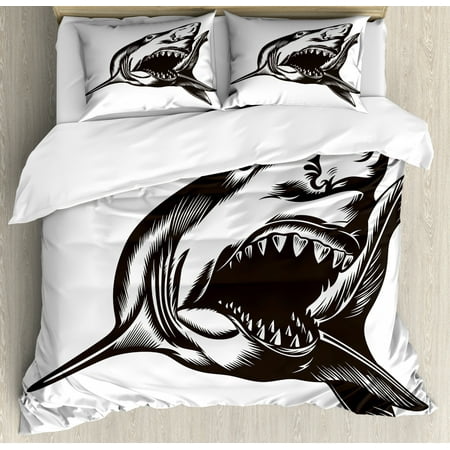 Shark Duvet Cover Set Digital Sketch Of Wild Fish With Open Mouth