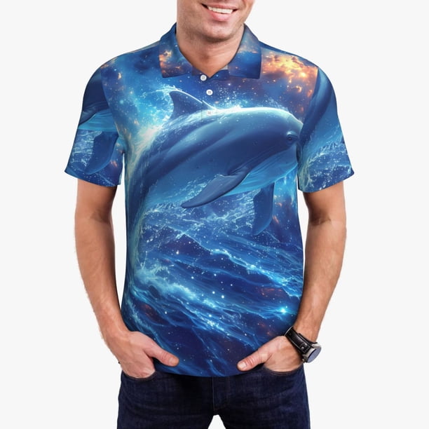 Fotbe Beautiful Ocean Dolphin Camiseta Polo de Golf para Hombre con Estampado – Camisa Deportiva Transpirable con Cuello Abotonado-Medium