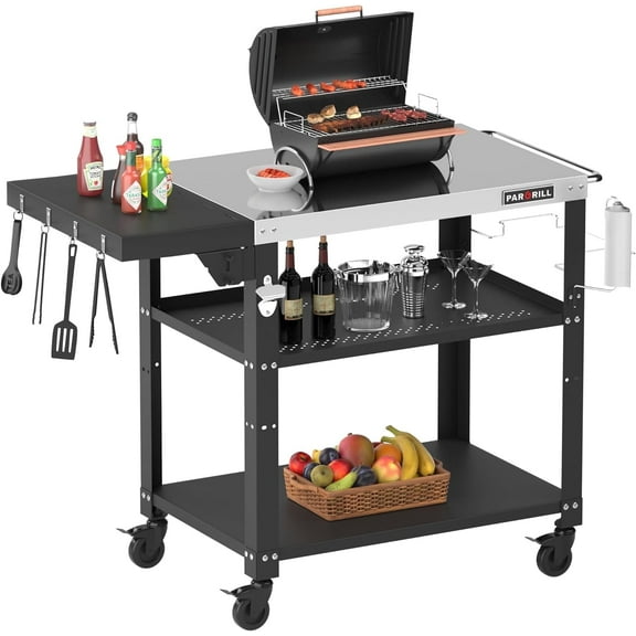 PARGRILL Three-Shelf Outdoor Grill Prep Utility Cart with Foldable Side Table, 46.6" x 20", 4 Lockable Casters，200 LBS