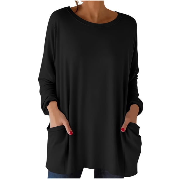 Tops de Manga Larga de las Mujeres Casual Color Sólido Cuello Redondo Suelto Encaje Superior con Bolsillo, Tops de Manga Larga de las Mujeres