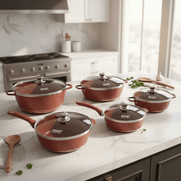 Batería De Cocina Raf 5 Piezas Antiadherente Granito Rojo