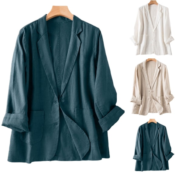 Women's Linen Blazer Jacket Lightweight Button Lapel Casual Long Sleeve Work Office Summer Jackets Womens Loose Casual Blazer with Pocket