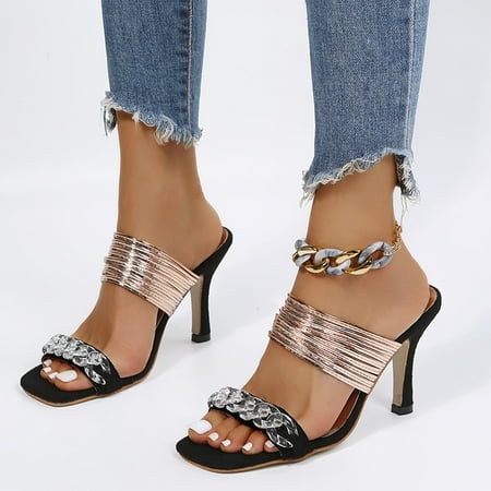 

Ecqkame Women s Middle Heels Slippers Clearance Women s Ultra-high Heel Thin Strip With Leopard Print Large Size 7cm Suede Sandals Black 37