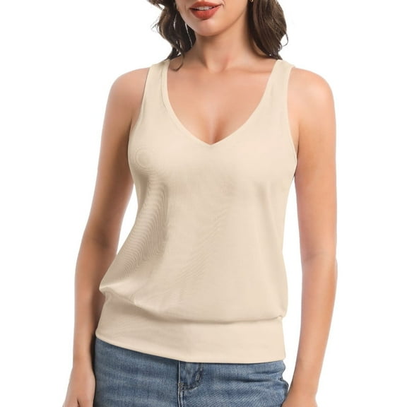 Women Banded Bottom Tank Tops Ribbed V Neck Sleeveless Casual Tops Summer Loose Fit Shirts