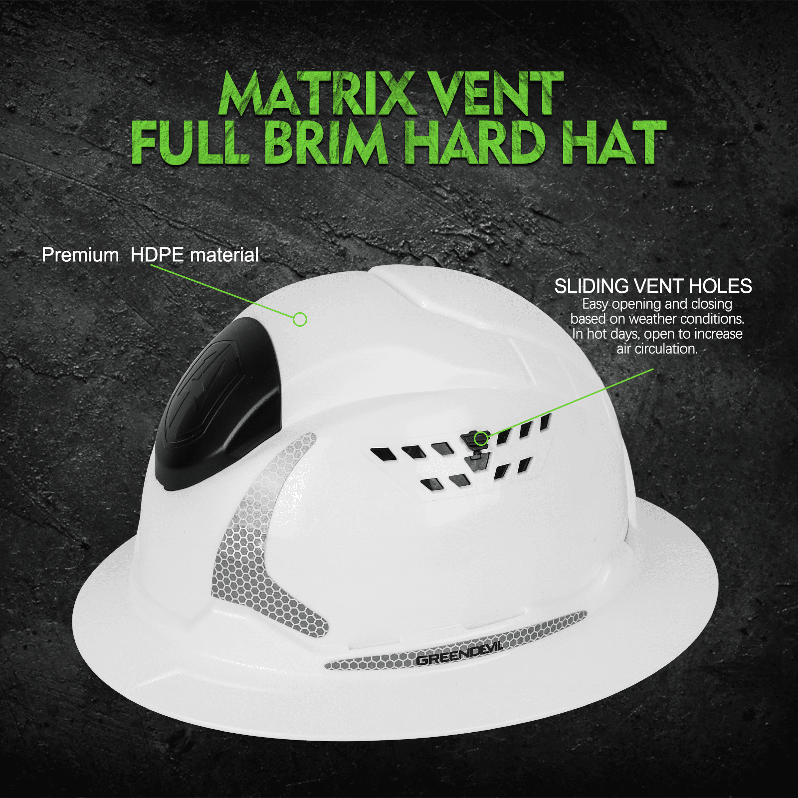 GREEN DEVIL Full Brim Hard Hat ANSI Z89.1 Type 1 Class C Certified Vented Construction Helmet with 6-Point Ratchet Suspension for Men Women
