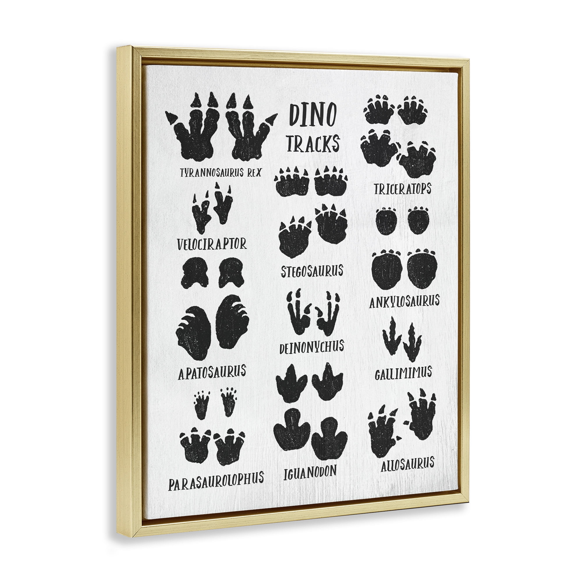 Stupell Industries Children's Rustic Dinosaur Track Chart Animals & Insects Painting Gold Floater Framed Canvas Art Print Wall Art, 25 x 31
