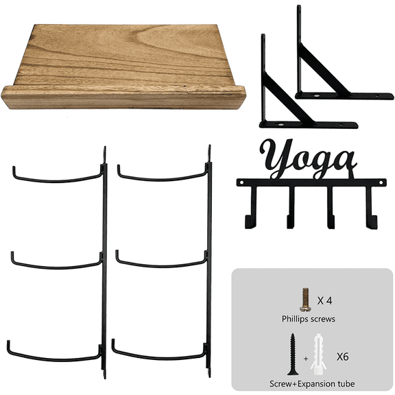Yoga Mat Holder, Yoga Mat Storage Wall Mount Sturdy Yoga Mat Rack Organizer with 4 Hooks for Foam Roller Resistance Bands and Yoga Equipment Accessories at Home Gym