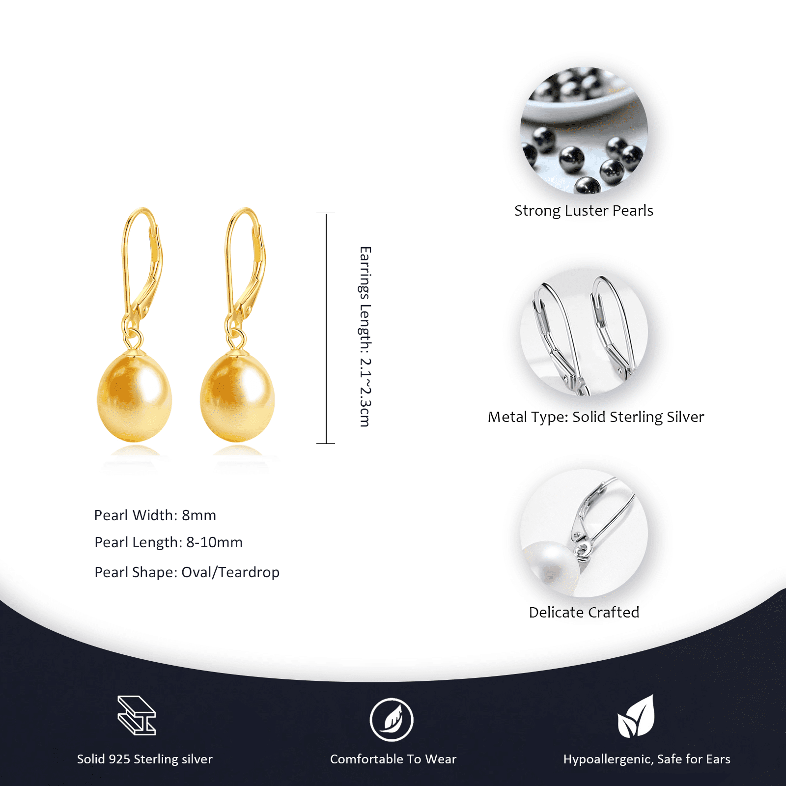 BAMIKI 8.5-9mm Gold Cultured Pearl Drop Earrings for Women, 925 Sterling Silver Leverback Dangle Earrings, Hypoallergenic Jewelry Gift