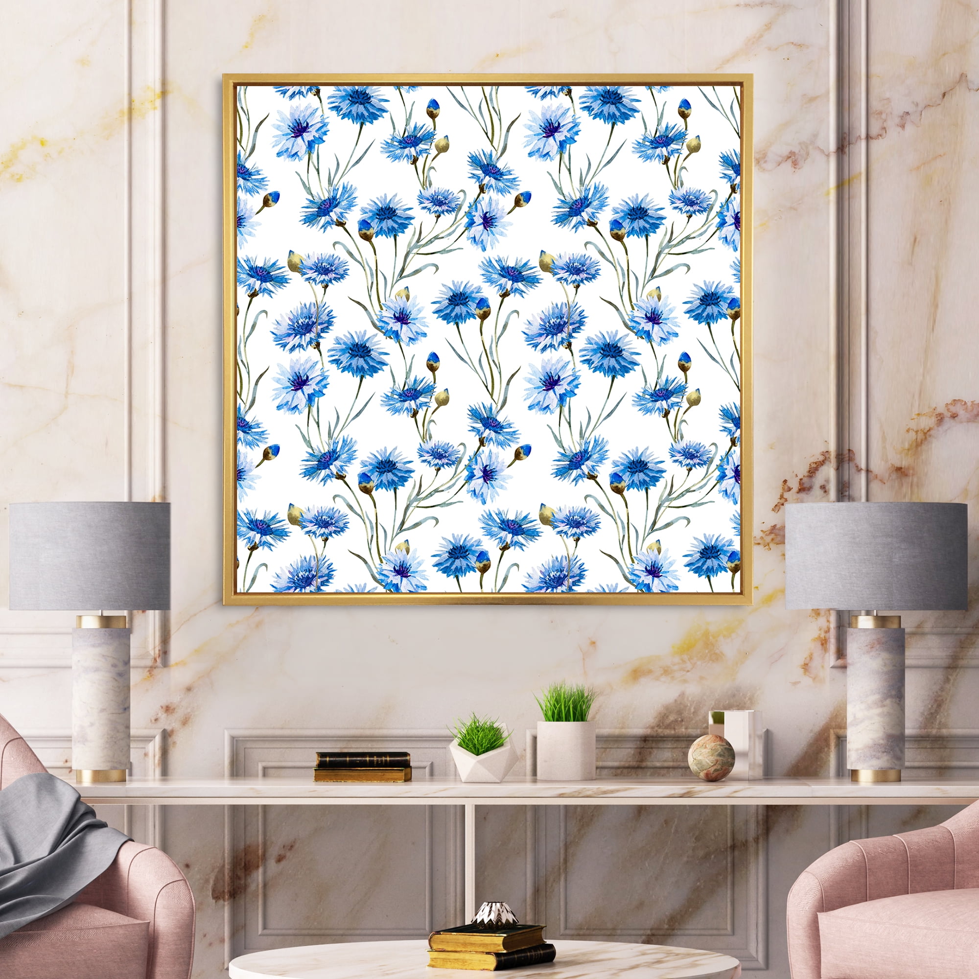 Designart 'Blue Cornflowers With Green Leaves On White II' Traditional Framed Canvas Wall Art Print