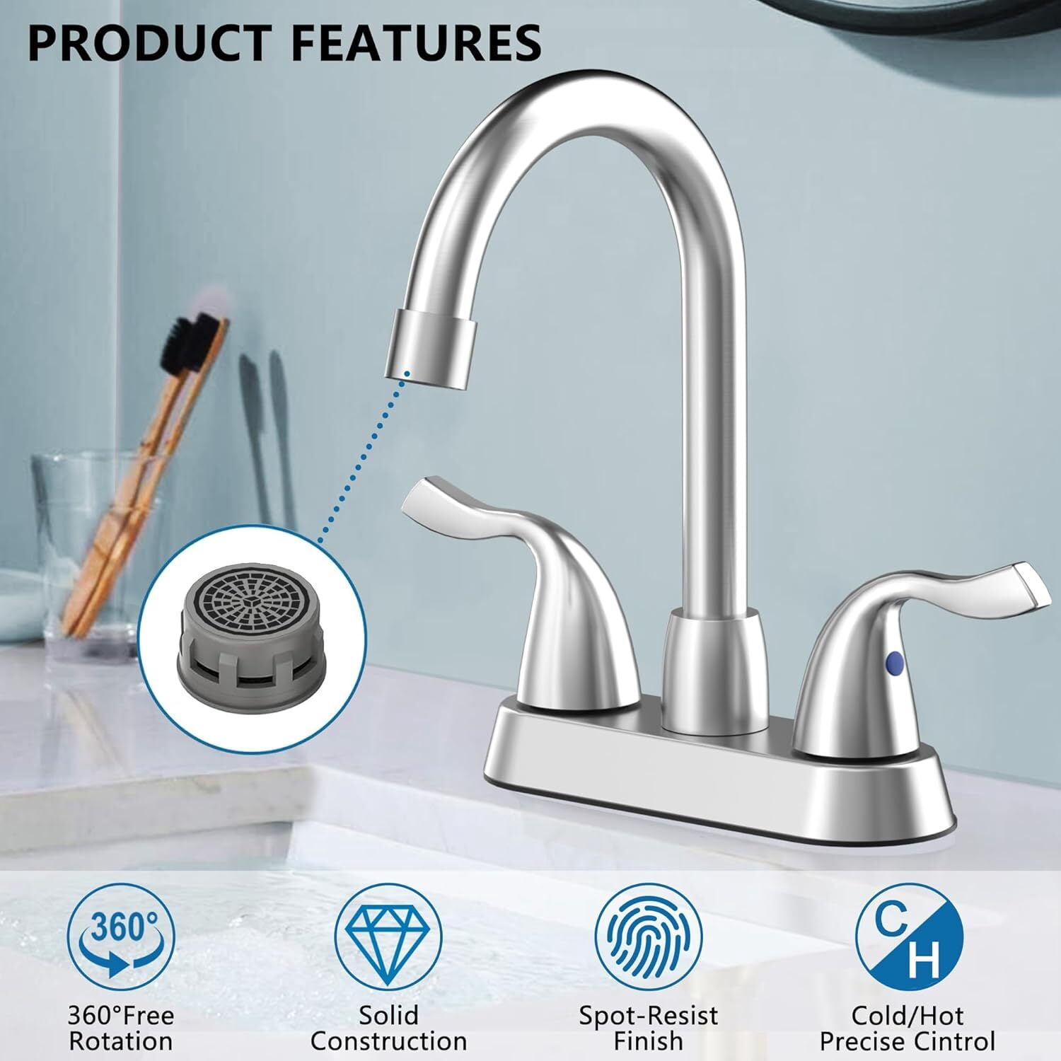 Bathroom Sink Faucet, 2 Handle Bathroom Faucet 4 Inch Centerset Bathroom Faucet 2 or 3 Hole Vanity Sink Faucet, Faucet Bathroom with Pop-up Drain and Supply Lines (Brushed Nickel)