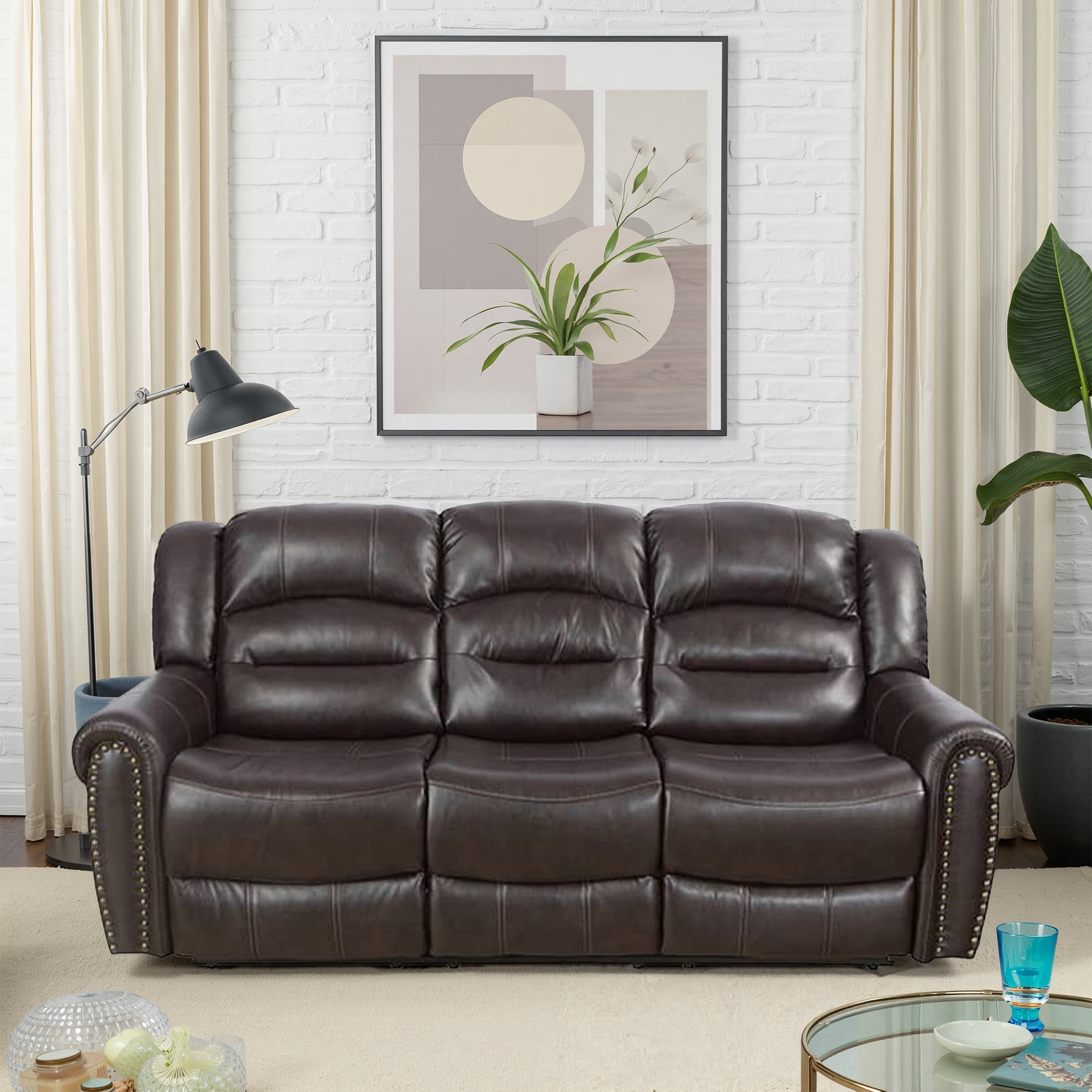 MAYEERTY 85" Modern Semi PU Synthetic Leather Loveseat Recliner Sofa Stylish Business Function Sofa for Living Room，Brown