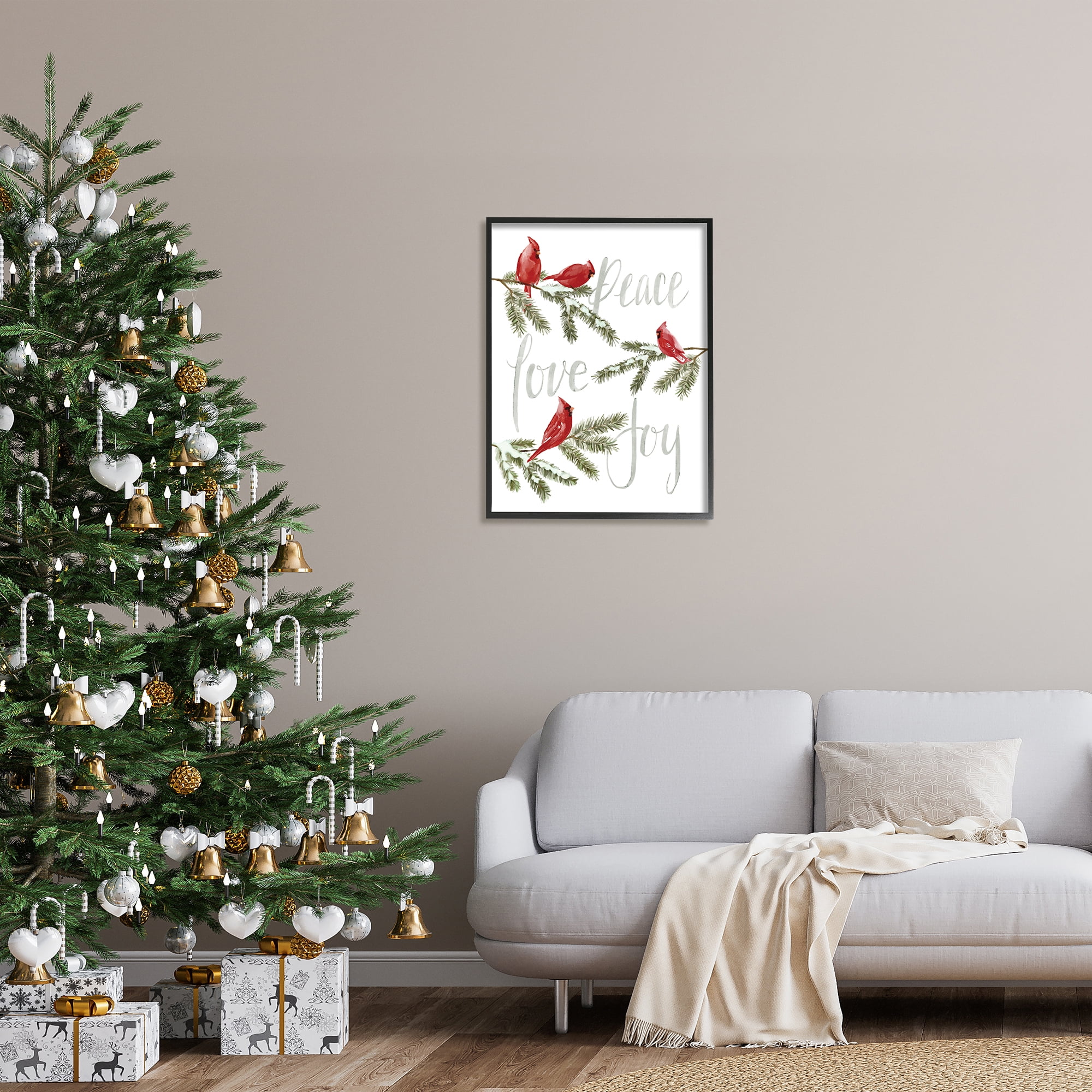 Stupell Industries Peace Love Joy Cardinals Holiday Painting Black Framed Art Print Wall Art, 24 x 30