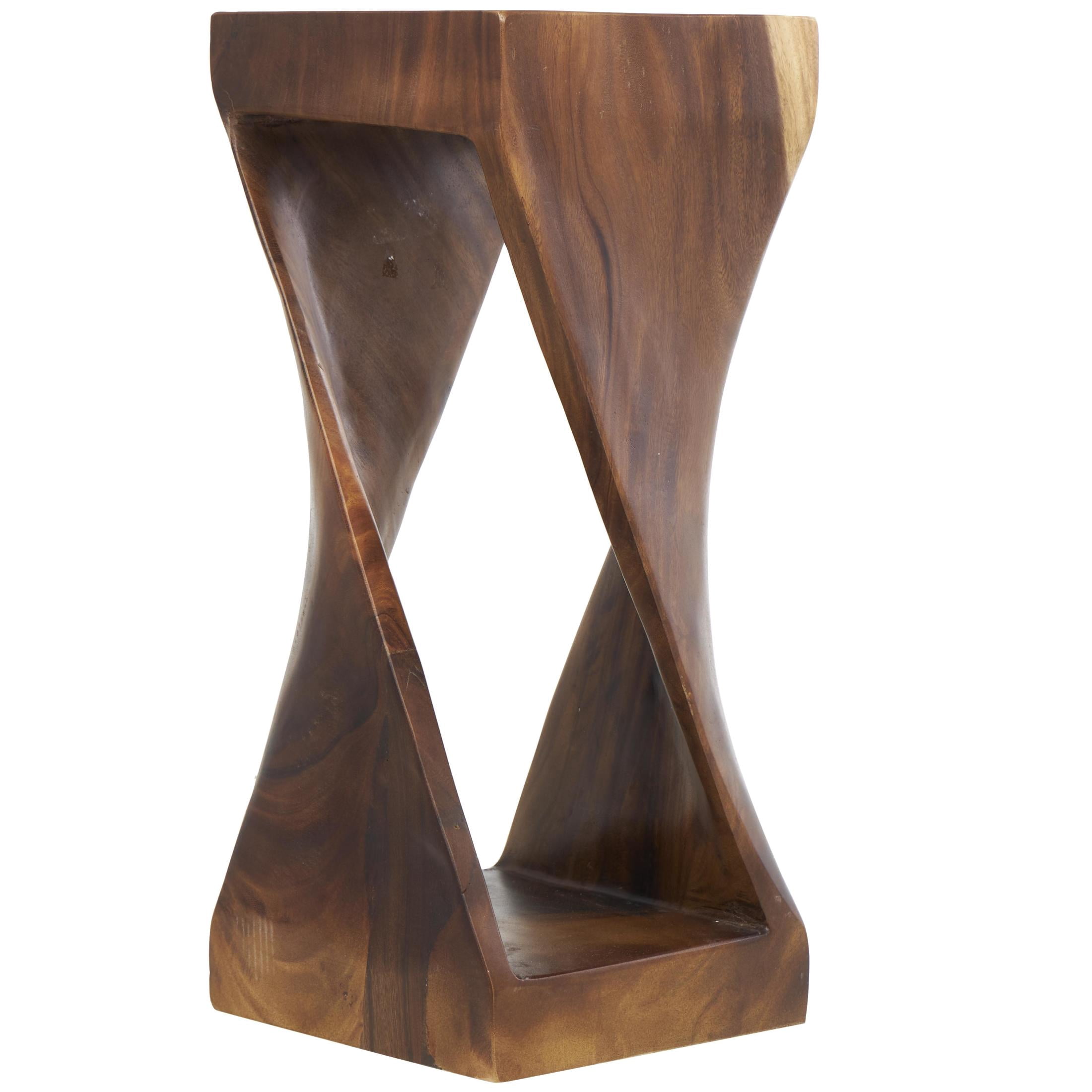 DecMode 12" x 30" Brown Suar Wood Handmade Geometric Accent Table with Spiral Base, 1-Piece