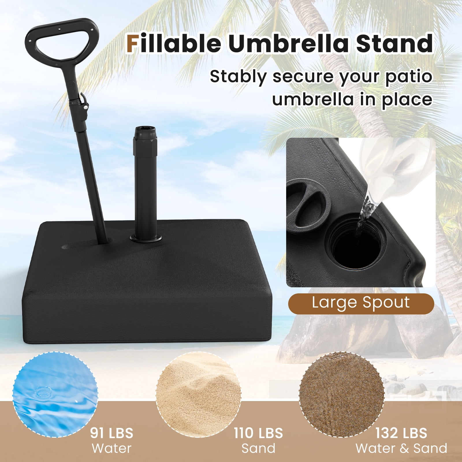 Topbuy Mobile Patio Umbrella Base with Wheels 132 LBS Water & Sand Fillable Umbrella Stand