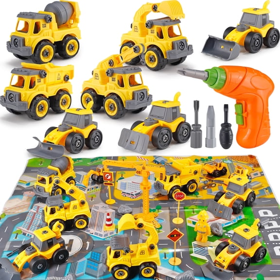 STEM Take Apart Construction Truck Set 12 Vehicles Boy Toys with Electric Drill, Map, Road Signs, Kids DIY Engineering Building Toy Age 3 4 5 6