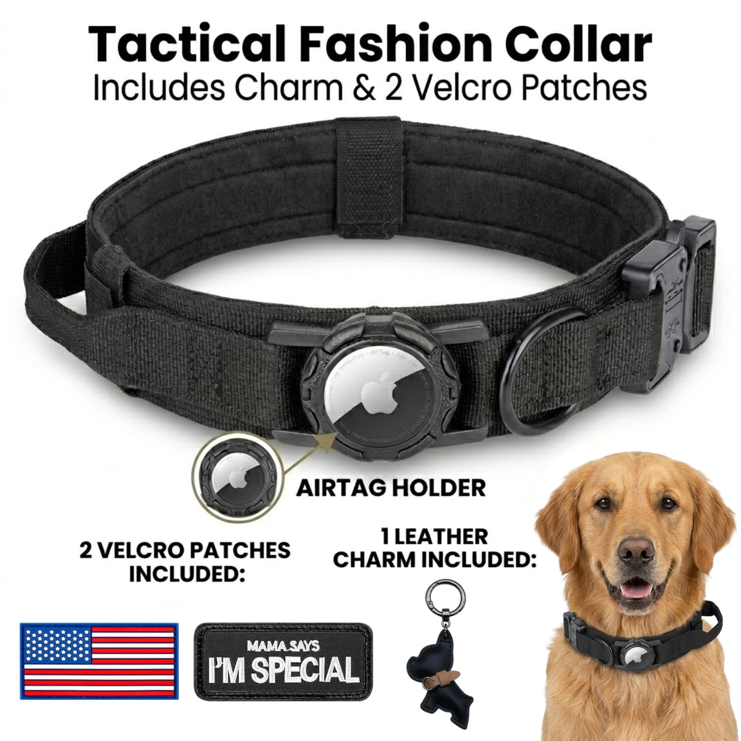 WAAYEEPAL Heavy Duty Tactical AirTag Dog Collar & Leash Set, Adjustable AirTag Holder Collar for Medium Large Dogs, AirTag Not Included