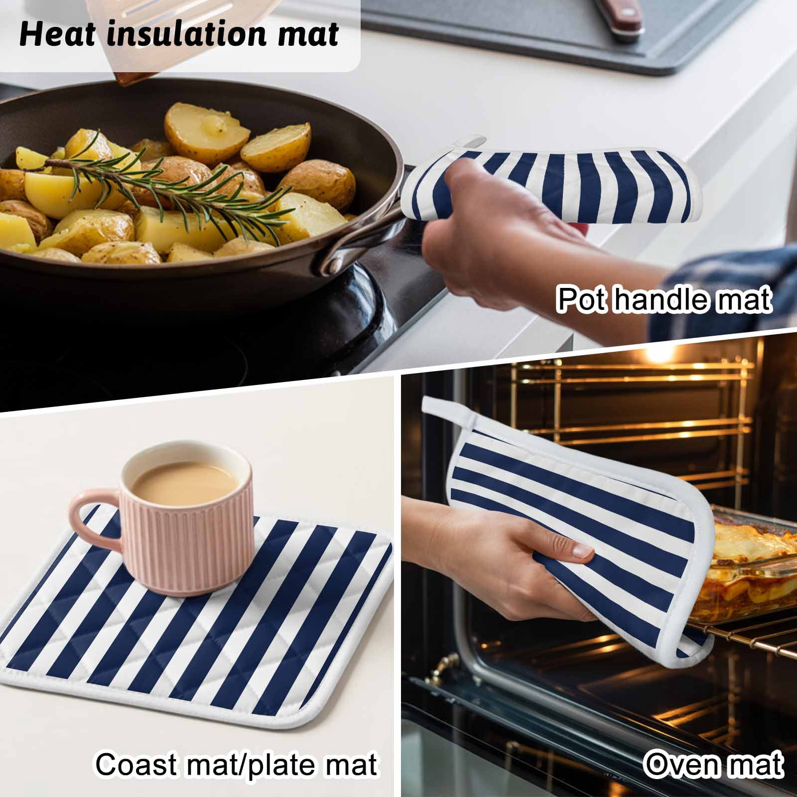 Navy Blue Striped Pot Holders for Kitchen Heatproof Potholder, 3 Pack Modern Farmhouse Blue White Stripes Hot Pads Multipurpose Oven Pads Cloth Potholders Trivet for Cooking Baking