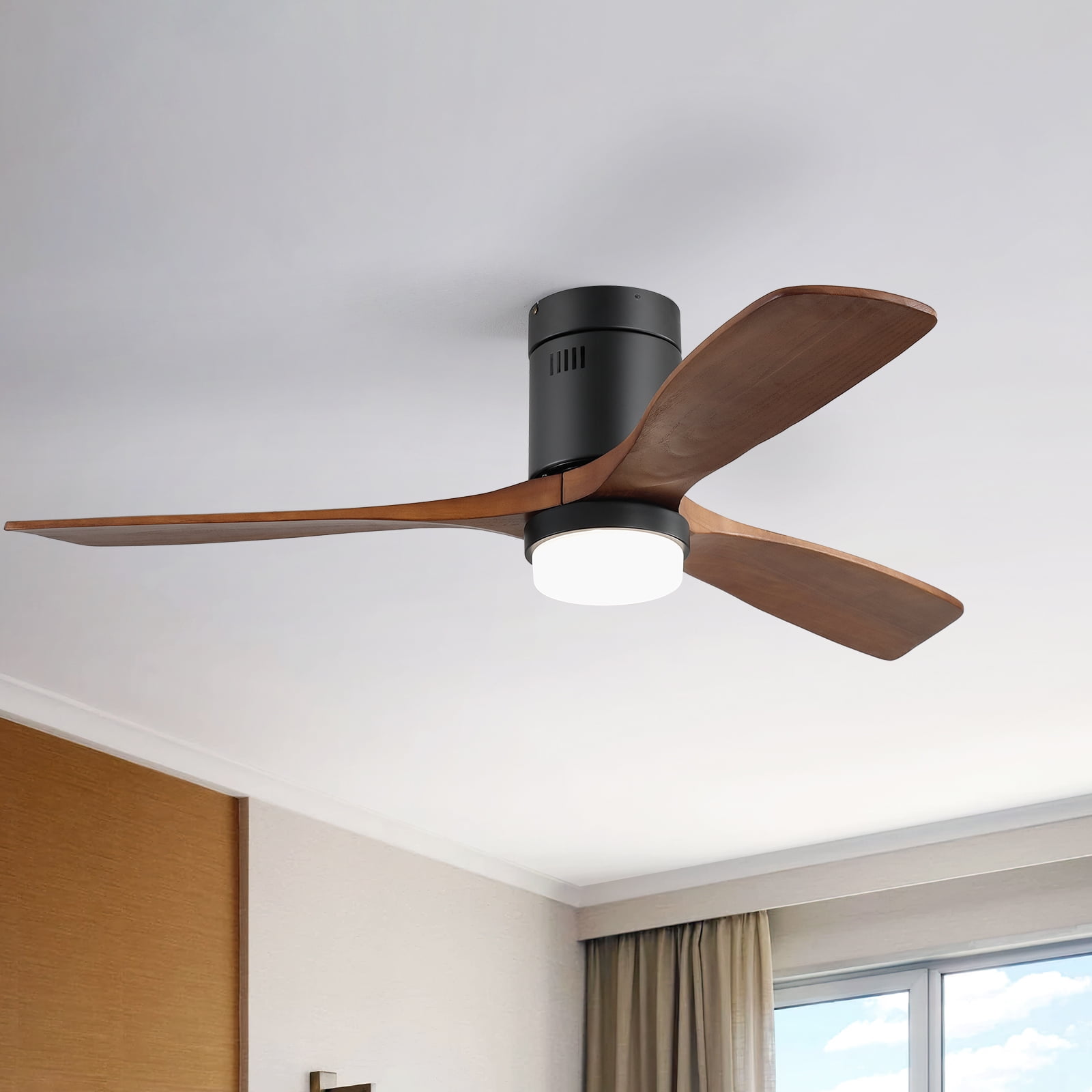 Sofucor 52 Inch Smart Ceiling Fans with Lights-Flush Mount Low Profile Modern Outdoor Solid Wood Ceiling Fans with Alexa/Google Assistant/APP/Remote Control, Brown Black