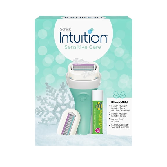 Schick Intuition Sensitive Care Shave Womens Gift Set, Includes Razor Handle with Travel Cap, 2 Sensitive Care 4-Blade Razor Cartridge Refills, & 1 Banana Boat Lip Balm 45 SPF