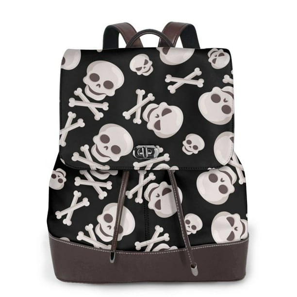 Disketp black white Skull bone Mochila de Cuero para Mujer, Bolso de Espalda Antirrobo con Estilo para Viaje, Trabajo y Uso Diario
