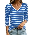 thumbnail image 6 of CLOISE Women's 3/4 Sleeve Tops and Blouses V Neck Shirts Slim Striped Pullover Casual Fall Clothes Blue S, 6 of 7