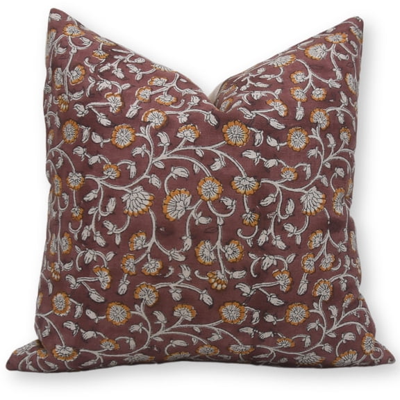 Fabdivine Block Print Throw Pillow Cover, 20x20 Inch Pure Linen Handmade Cushion Cover, Floral Print Boho Design Brown Pillow Cover for Sofa and Couch