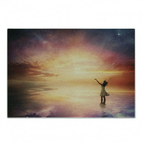 Colorful Cutting Board, Realistic Pattern Illustration of Woman Standing Before Sky in Starry Night, Decorative Tempered Glass Cutting and Serving Board, in 3 Sizes, by Ambesonne
