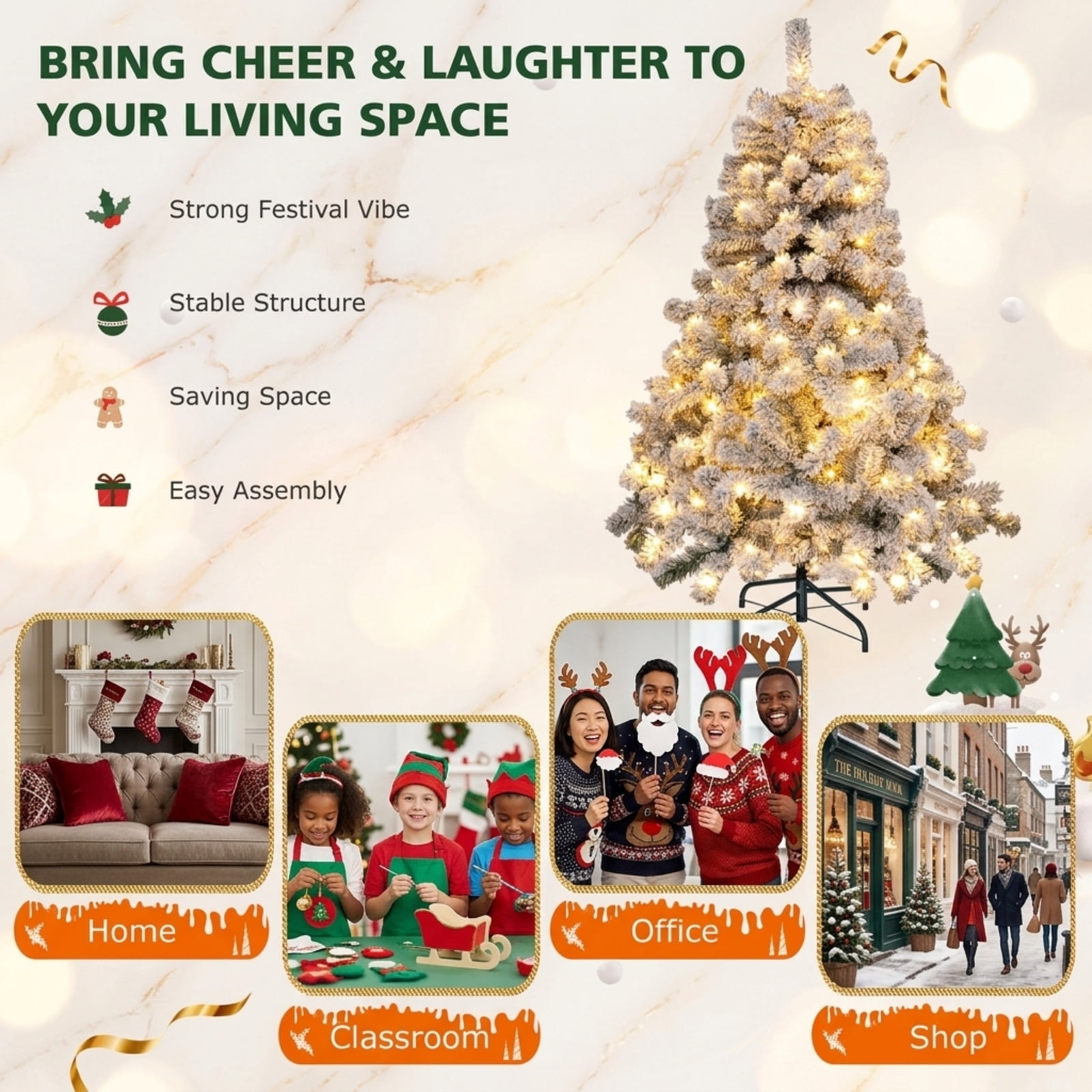 RUIE 4.5 ft Snow Flocked Christmas Tree, Pre-Lit Green White Artificial Xmas Tree with 150 LED Lights and 295 Branch Tips, Tabletop