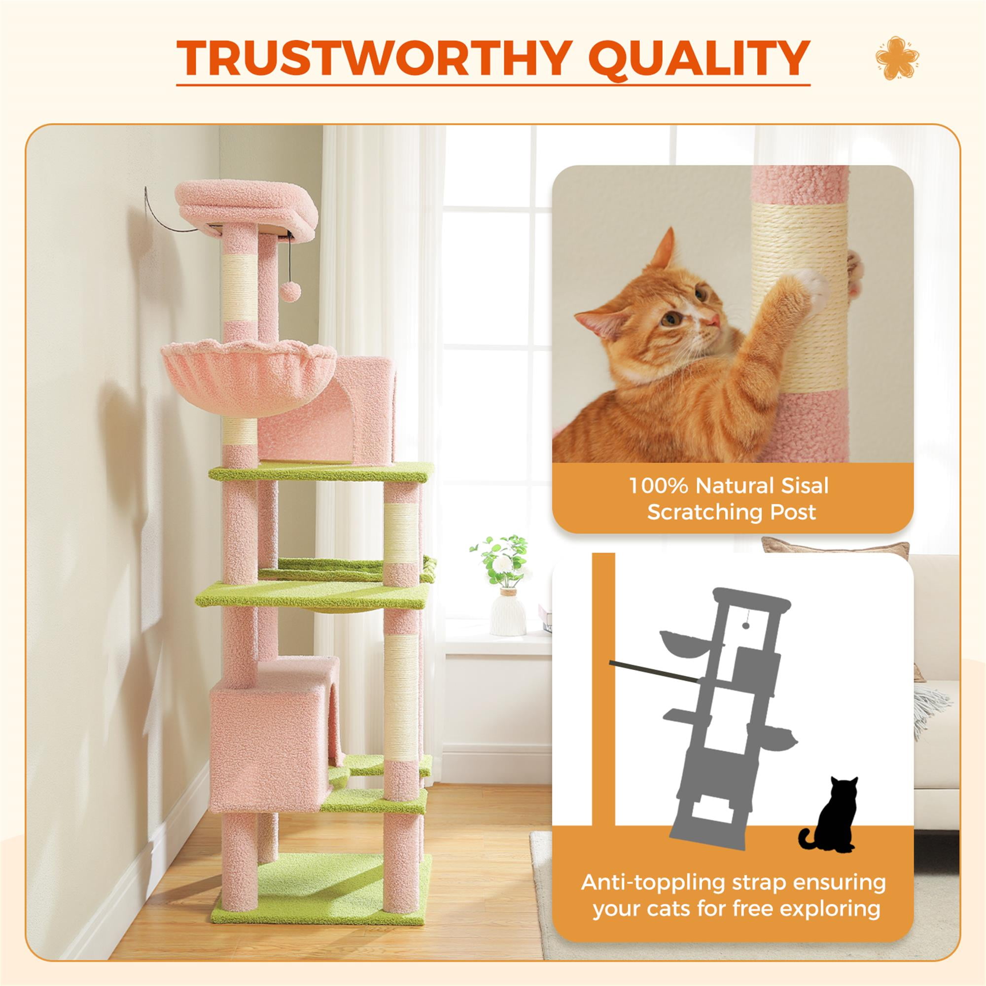 Kadyn 66" Cat Tree Tower for Big Cats, Cat Tree House Furniture with Hammock, Indoor Cat Condo for Adult Cats, Pink
