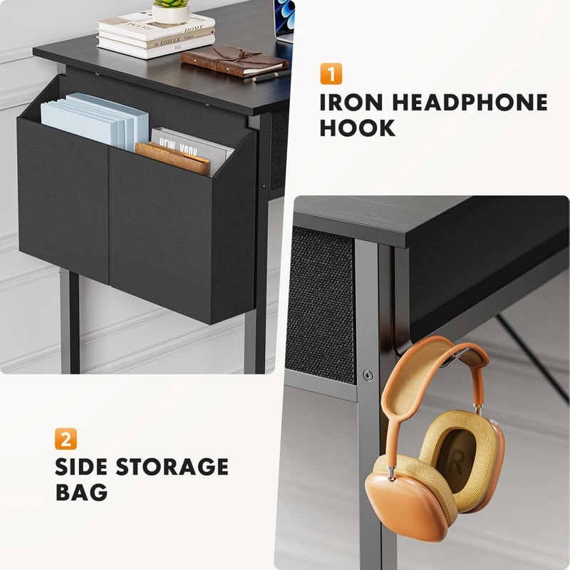 Kelno 32 Inch Computer Desk with 2 Fabric Drawer Storage Bag Iron Headphone Hook Vanity Writing Table, Black