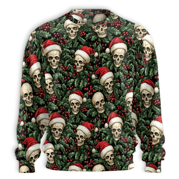 Skull Christmas Sweatshirt with Santa Hats and Holly, Spooky Holiday Design with Red Berries, Festive Pullover for Halloween and Christmas Fans, Perfect for Alternative Holiday Style
