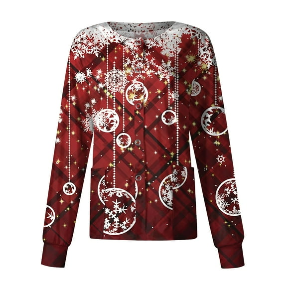 Hearthz Womens Scrub Jacket Christmas Long Sleeve Nurse Uniform Snap Front Warm Up Womens Scrubs Top Workwear with Pockets
