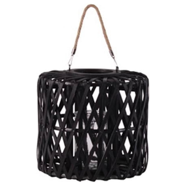 Urban Trends Collection 55001 Wood Cylindrical Lantern with Rope Handle, Black - Medium