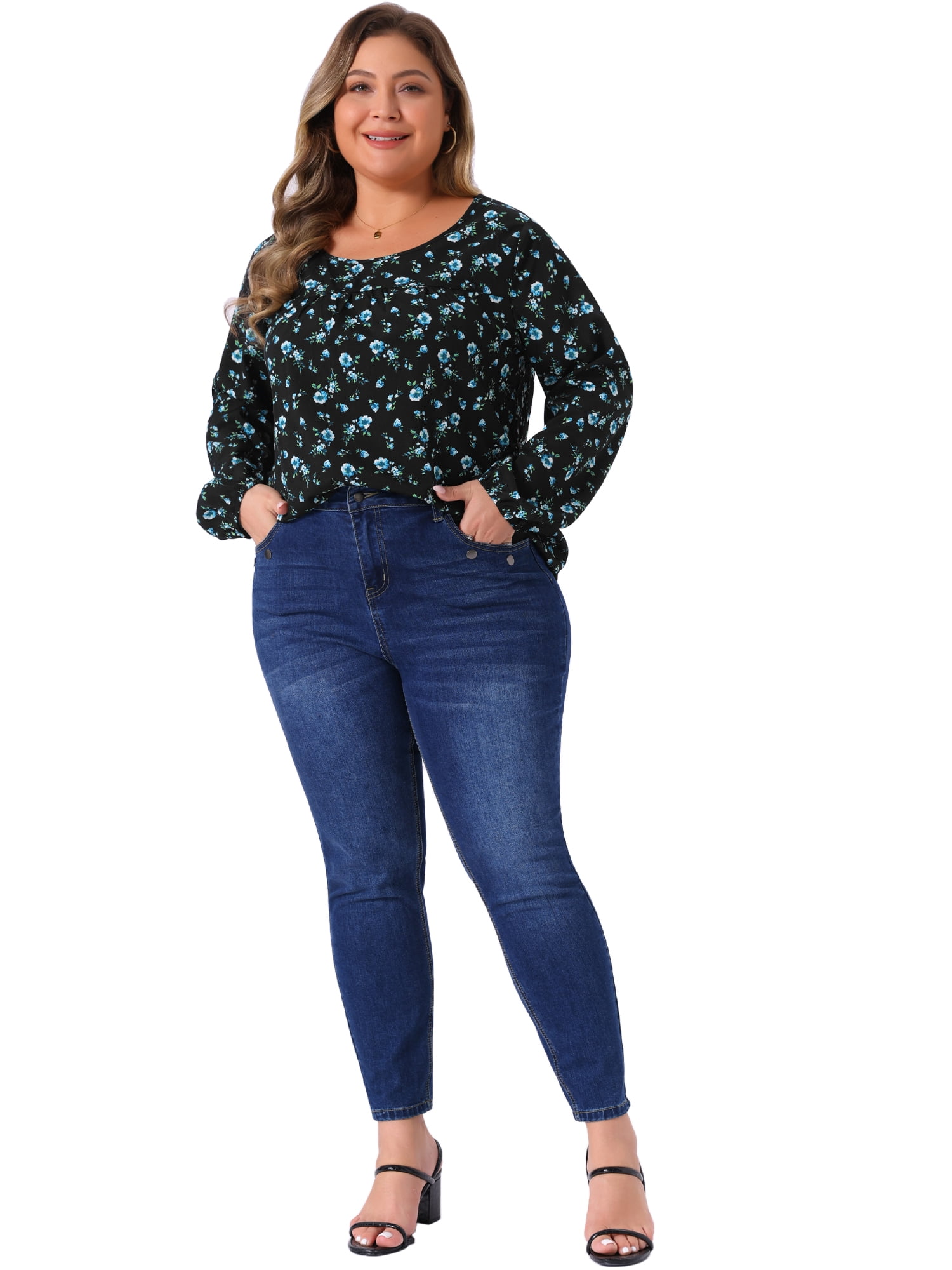DARING DIVA Women's Plus Size Long Sleeve Floral Print Blouses Tops 4X Blue