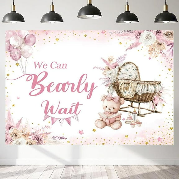 Pink Bear We Can Bearly Wait Baby Shower Backdrop for Girl Pink Floral Theme Watercolor Balloons Newborn Baby Party Decoration Photo Background