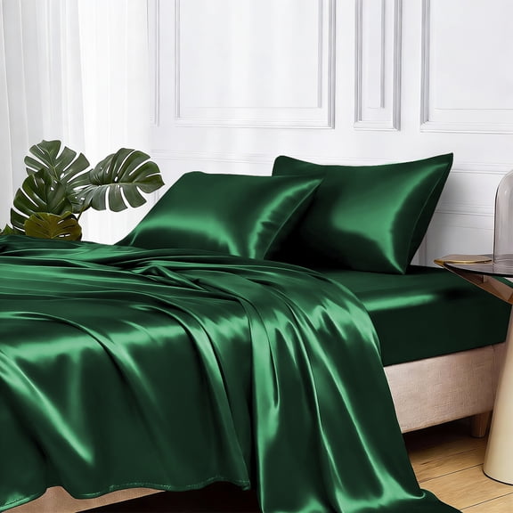 MR&HM Satin Sheet Set Queen 4 Pcs, Silky Elegant Luxurious Queen Size Bed Sheets, with Flat Sheet, Deep Pocket Fitted Sheet for Mattress and Matching Satin Pillow Cases (Queen Size, Dark Green)
