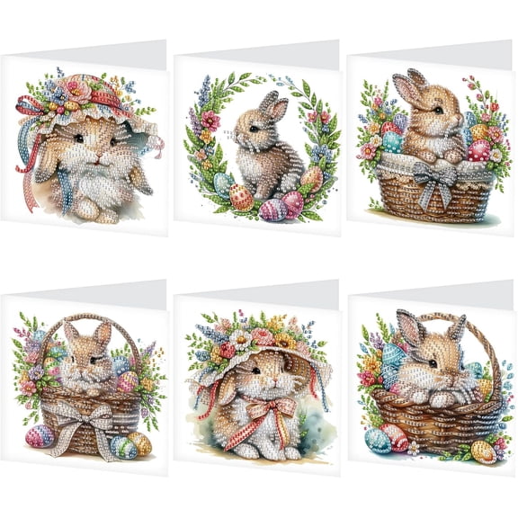 "Diamond Art Painting Kit Greeting Card, 5D DIY Diamond Handmade Glitter Greeting Card with Envelope (Basket Bunny Design), suitable for Easter Day