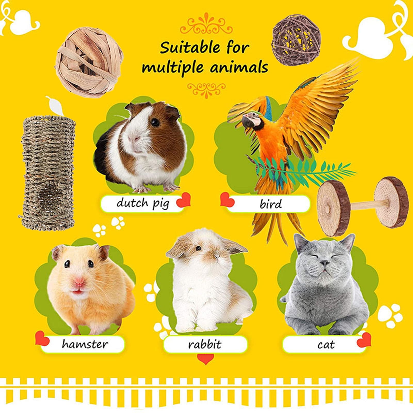 DOPI 8Pcs/Set Hamster Toys Timothy Hay Balls Natural Wood Molar Toys Small Animal Play Chew Toys for Chinchilla