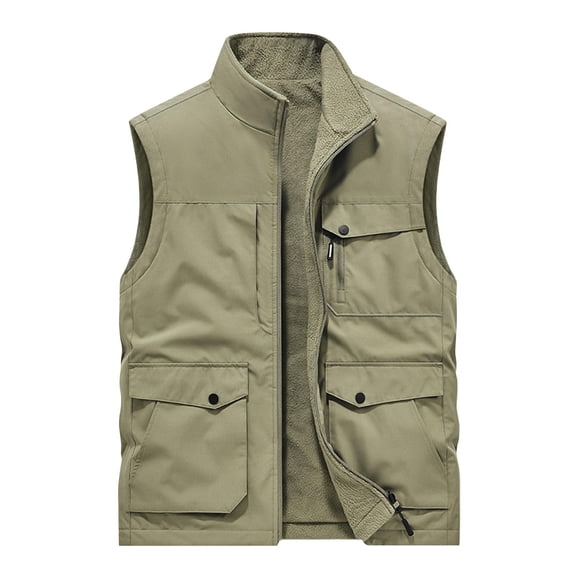 Timoontee Men's Sherpa Lined Vest Sleeveless Stand Collar Jacket Vest Casual Comfy Work Waistcoats Outdoor Hiking Workout Vest Solid Zip Up Vest Winter Fleece Vest Khaki L