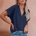 thumbnail image 2 of Penkiiy Womens Summer Tops 2024 Waffle Knit Button Down Shirts Casual V Neck Short Sleeve Shacket Jacket Dressy Blouses M Navy, 2 of 8