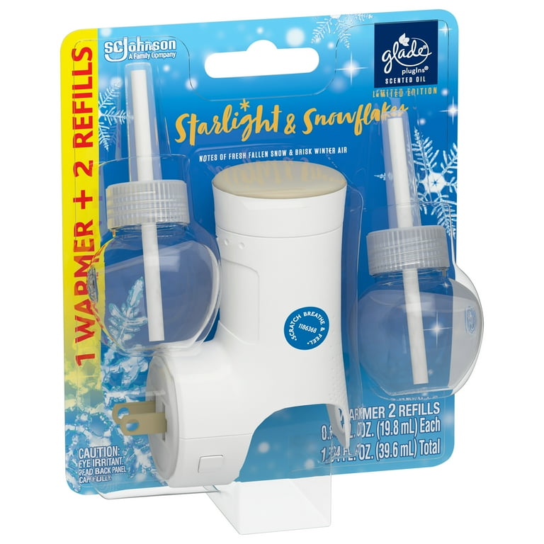 Glade PlugIns Scented Oil, Air Freshener, 1 Warmer + 2 Refills, Starlight &  Snowflakes, 0.67 oz Each, 1.34 oz Total 