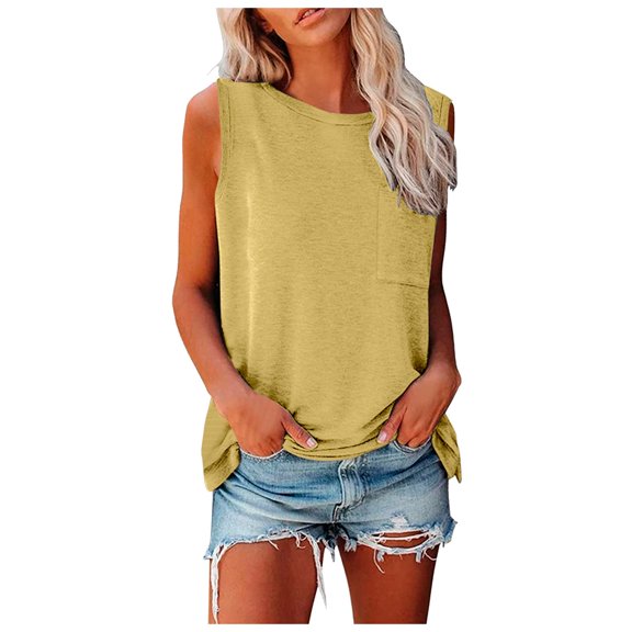 JIAYUE Women's Tank Top Sleeveless Lightweight Crew Neck Basic Loose Fit Versatile Solid Color Casual With Pocket Female Summer Vest