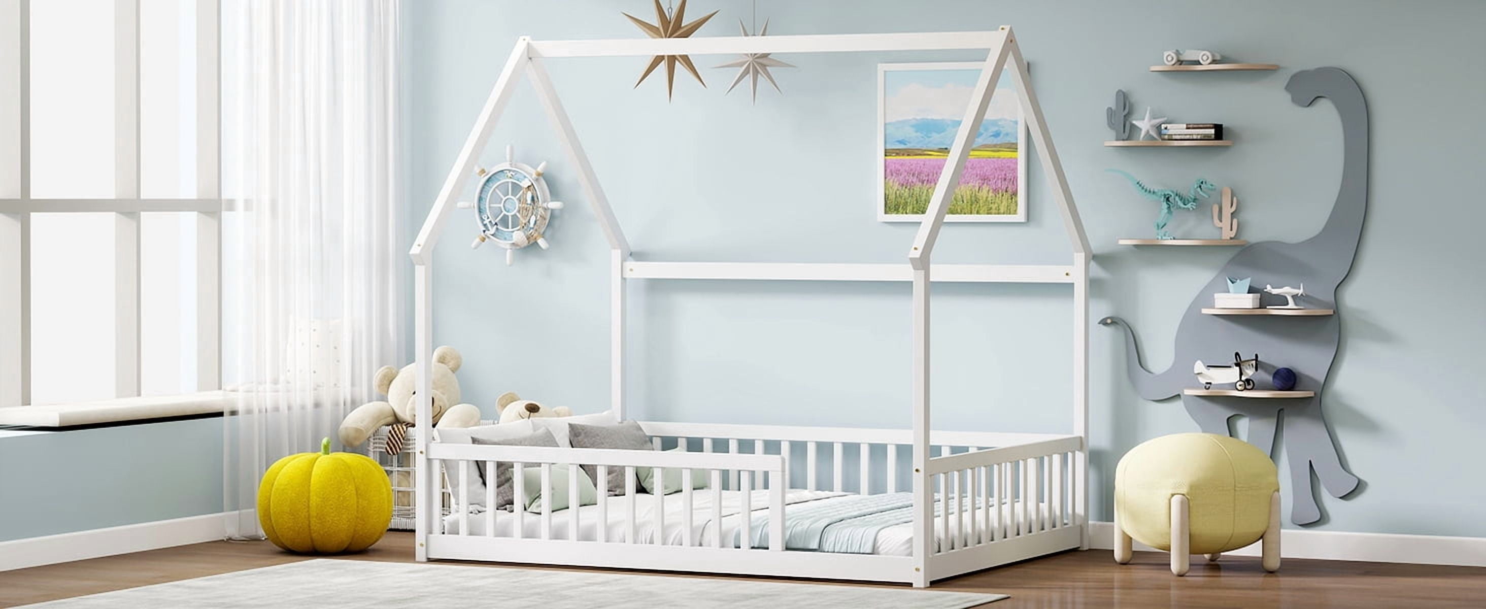 Full Size House Floor Bed with Roof Frame, Pine Wood Floor Bed with Safety Guardrails, White