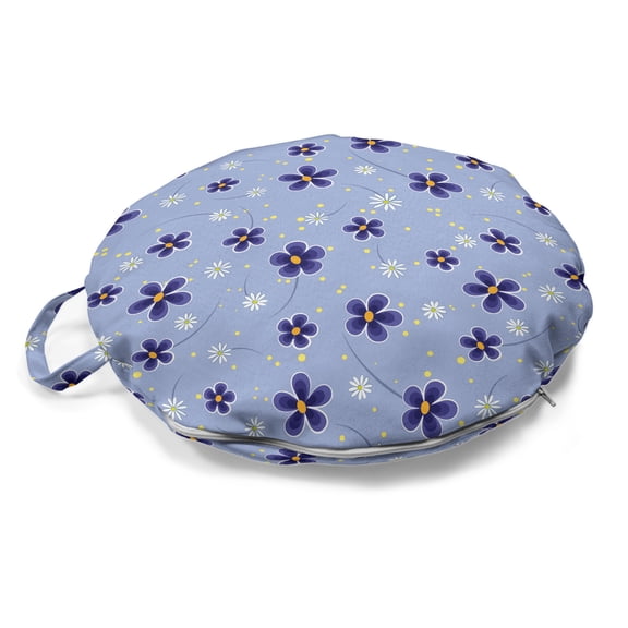 Floral Round Floor Cushion with Handle, Spring Time Blossoms Daisies and Polka Dots, Decorative Pillow for Living Room & Dorms, 18" Round, Ceil Blue Indigo, by Ambesonne