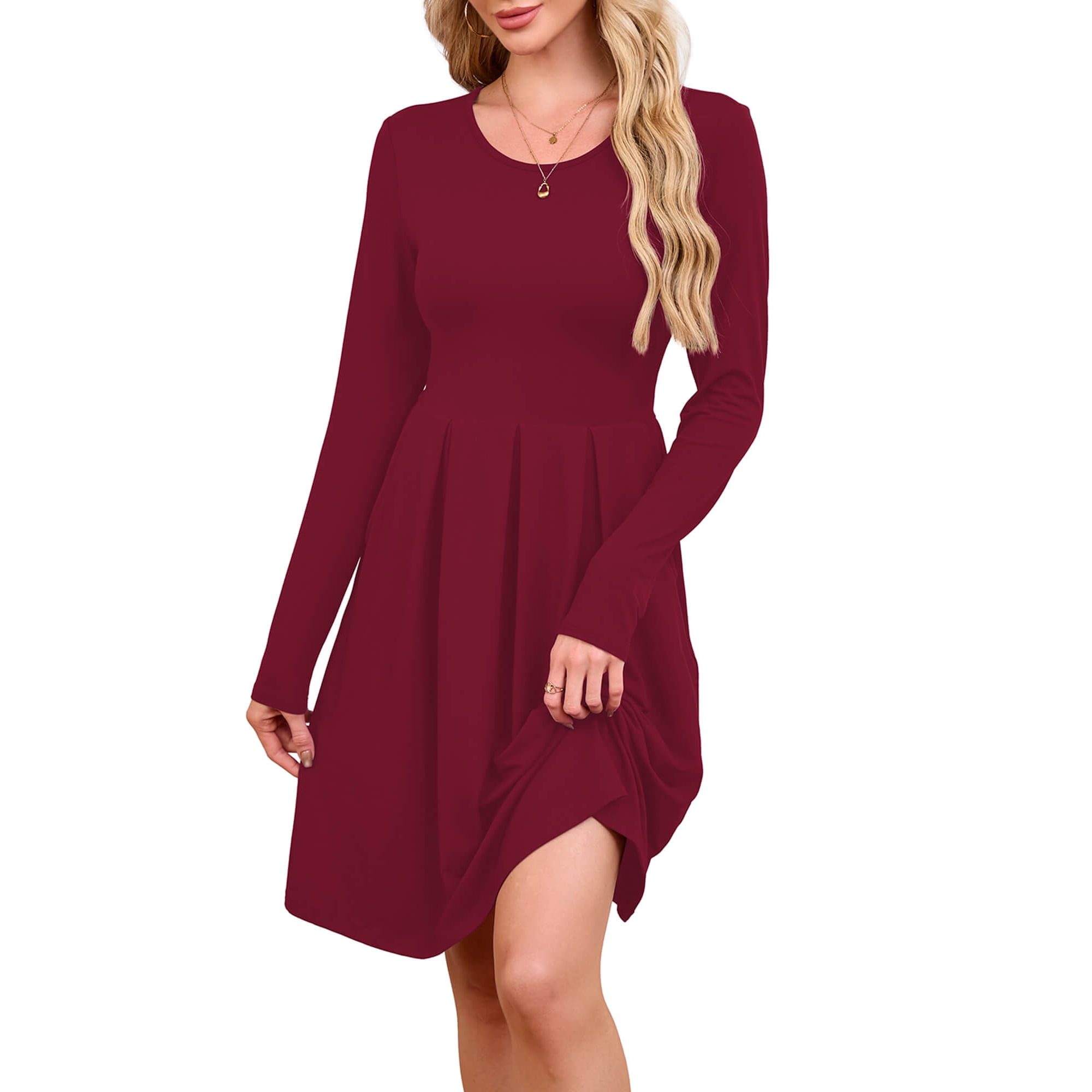 Chiclily Women's Long Sleeve Fall Dress Casual Pleated Swing T-Shirt Dresses with Pockets, Burgundy L