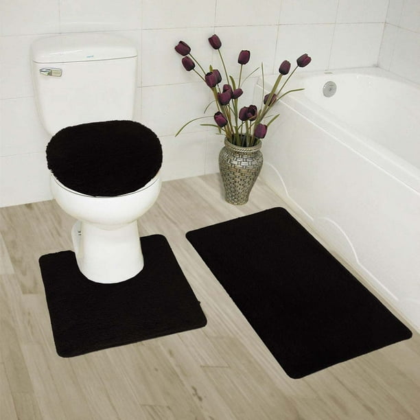 S Black 3p Bathroom Set Bath Mat Contour And Lid Cover With Rubber Backing 6 Com - Toilet Seat Cover Mat Set
