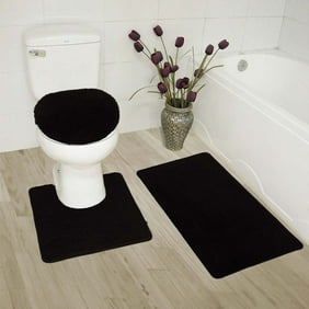 3-PC (#6) Black HIGH QUALITY Jacquard Bathroom Bath Rug Set Washable Anti Slip Rug 18"x28", Contour Mat 18"x18" and Toilet Seat Lid Cover 18"x19" with Non-Skid Rubber Back