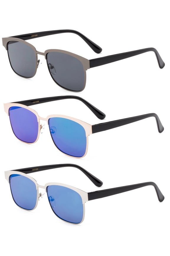 3 Pack Metal Rectangular Frame Fashion Sunglasses for Men for Women, Flash Mirror, Flat Lens